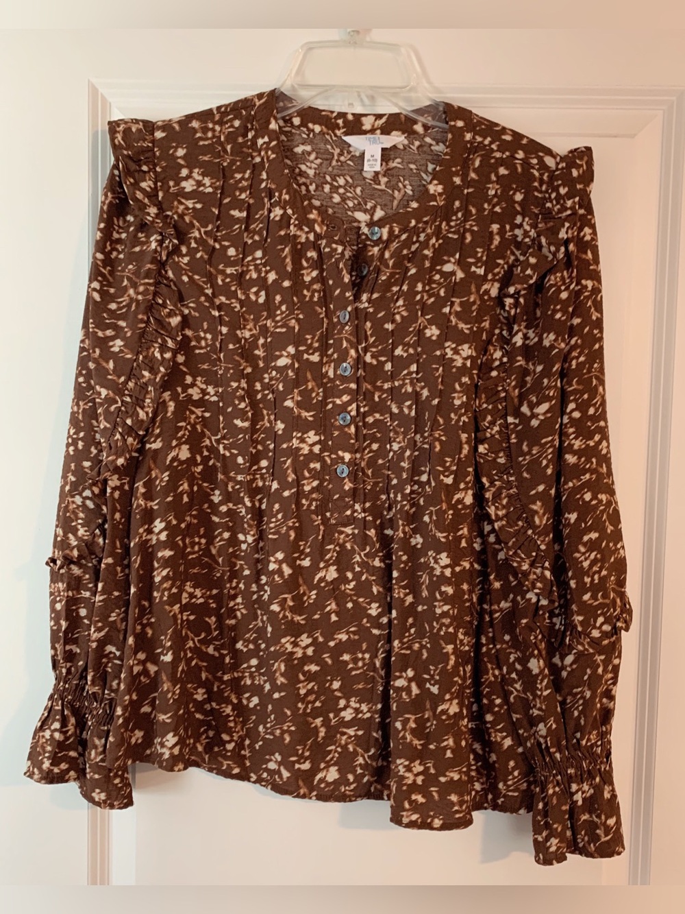 Time and Tru Brown and Cream Floral Button-Front Blouse